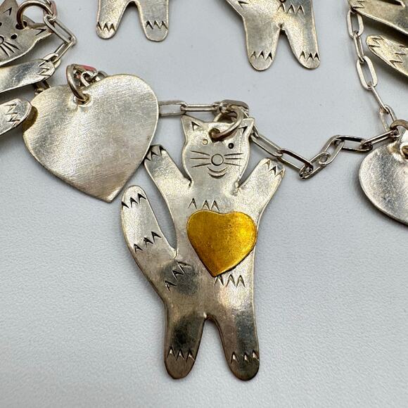 Vintage Silver Tone Cats Hearts Charm Necklace Brass Hearts Lightweight Artisan - Picture 5 of 15
